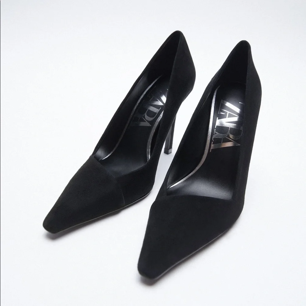 NWT. Zara Black Suede Leather High-Heel Shoes. Size 9.
